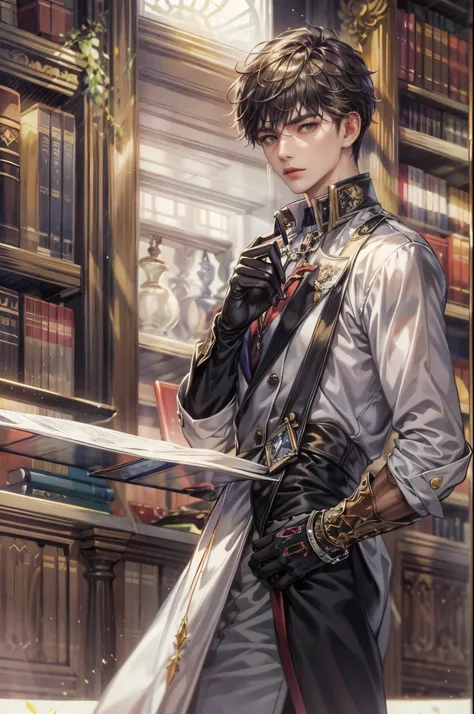 ((Best quality)), ((masterpiece)), (detailed), ((perfect face)), ((halfbody)) handsome face, male, teen boy,  perfect proportions , a character from anime ashita no nadja, phantom thief outfit, detailed library interior scenery background 