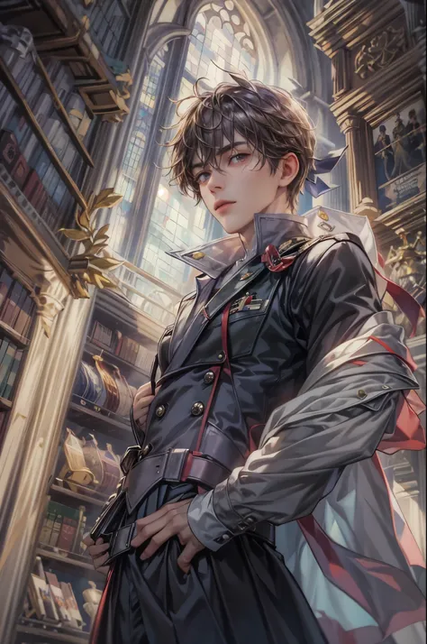 ((Best quality)), ((masterpiece)), (detailed), ((perfect face)), ((halfbody)) handsome face, male, teen boy,  perfect proportions , a character from anime ashita no nadja, phantom thief outfit, detailed library interior scenery background 