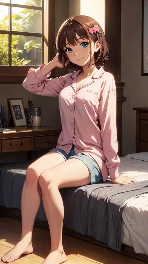 cg, unity, 8k, wallpaper, highest quality, masterpiece, haruka amami, (smile: 1.1), sit on the bed, pajamas, shorts, barefoot, s...