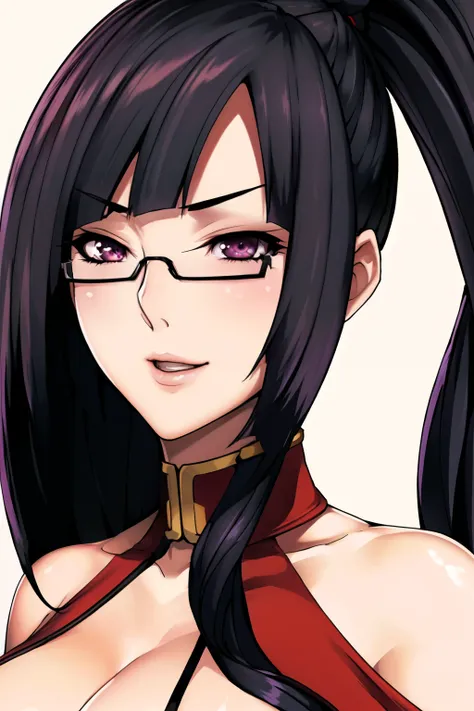 bedroom background,
red dress, chinese clothes, cleavage cutout, clothing cutout, bare shoulders, 
semi-rimless eyewear, 
 black...