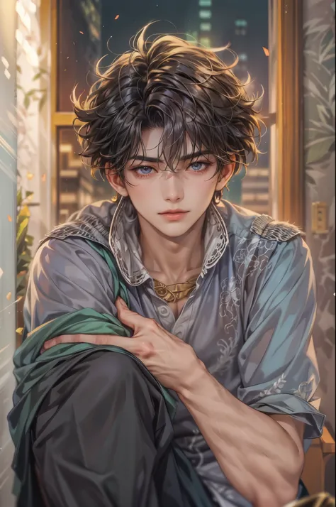 ((Best quality)), ((masterpiece)), (detailed), ((perfect face)), ((halfbody)) handsome face, male, teen boy,  perfect proportions , a character from anime saint seiya, short hair, male version , detailed ghibli interior scenery background 