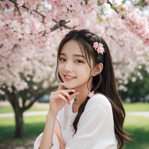 cute teenage girl, laugh while looking at the peach tree、full body shot、height: approx. 160cm, brown eyes, spring-like pink clot...