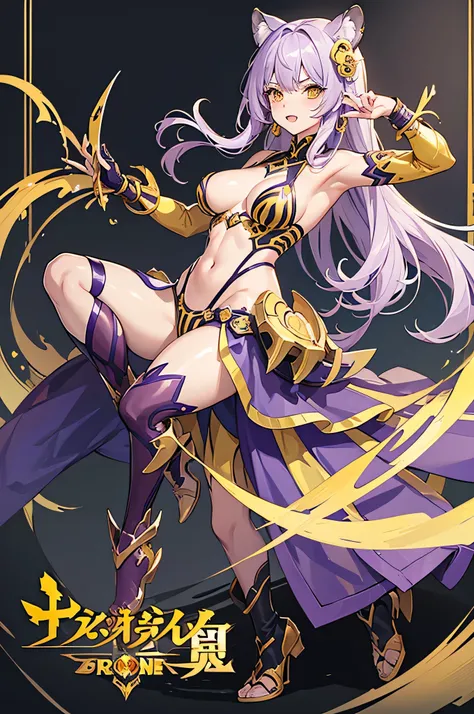 1girl, ( ( character concept art ) ), long wavy light purple hair, wearing yellow scorpion armour with tiger stripes, scorpion claw arms, with scorpion tail, scorpion mouth mask, d cup breasts, , sexy toned body, full body, sexy pose, gray background