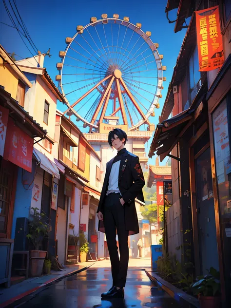 sharpened man standing on a ledge with a ferris wheel in the background, hyung tae, jinyoung shin, album art, cai xukun, foto do...