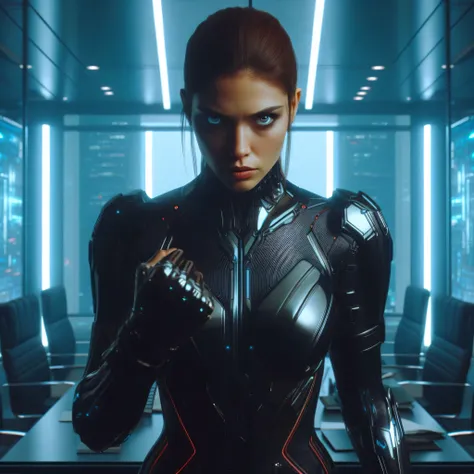 a close up of a woman in a futuristic suit standing in a room, ps5 cinematic screen capture, movie still of a cool cyborg, movie still of a villain cyborg, elizabeth olsen as black widow, movie still of a cyborg, shot from cinematic, detailed cinematic ren...