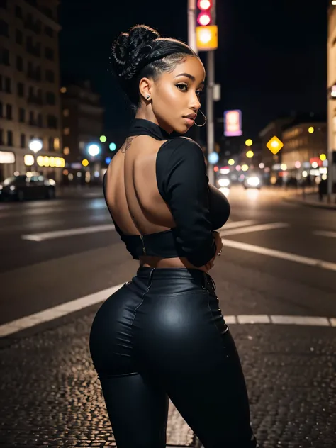 Hyperrealistic close-up photo of Cardi B, chef-d&#39;artwork, best quality, (Photorealistic:1.4), tout le corps, (tenue chic:1.1), black curly bun hairstyle, posant professionnellement dans les rues de Stockholm, neon lights, Cinematic light, belle femme, ...