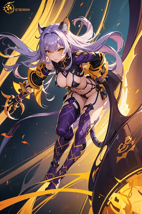 1girl, ( ( character concept art ) ), long wavy light purple hair, wearing yellow scorpion armour with tiger stripes, scorpion claw arms, with scorpion tail, scorpion mask, d cup breasts, petit, sexy toned body, full body, sexy pose, gray background