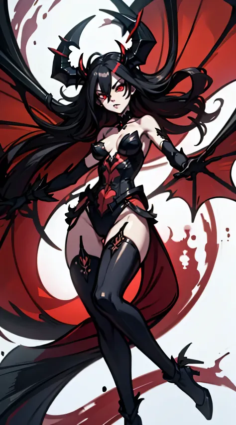 beautiful demon woman with long black hair, sharp teeth, furious, battle, glowing red eyes, bat wings on back, ram horns, angry, fight, fireball, hazbin hotel