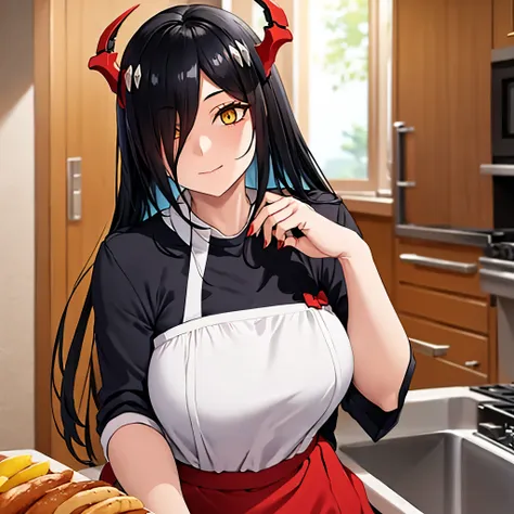 friedricha woman, with black hair, red horns, yellow eyes, wearing a maid costume in a kitchen