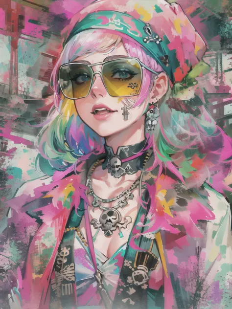 watercolor painting, 8K resolution、((highest quality))、((masterpiece))、((Super detailed))、1 female、alone、incredibly absurd、 (((The most beautiful pirate girl of all time))), (((Stylish sunglasses))), lips in love, white skin, pirate bandana, ((skull fashio...