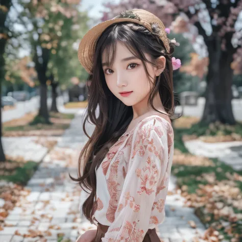 cute teenage girl, laugh while looking at the peach tree、full body shot、height: approx. 160cm, brown eyes, spring-like pink clot...