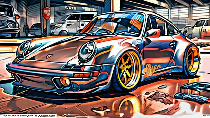 (RAW Photo, Best Quality), (Realistic, Photorealistic Photo: 1.3), Best Quality, Highly Detailed, Masterpiece, Ultra Detailed, Illustration, 
Porsche 911 rwb, wide body, sketch, 
cartoonish, comic strip, rendering, chrome wheels, bagged, slammed to the gro...