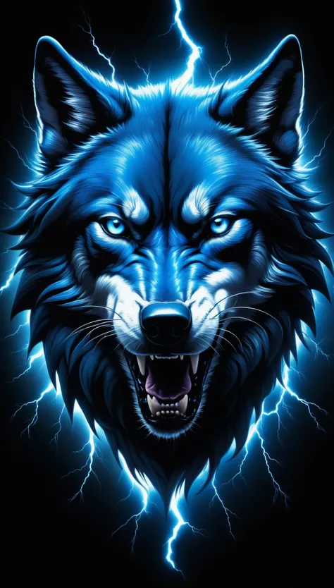 against dark background，Blue charges form a ferocious wolf head silhouette，bioluminescence，intricate lightning