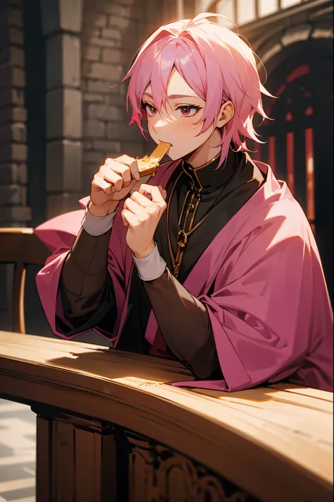 1male, pink hair, fat, eating food, red eyes, tight clothes, medieval clothing, guild hall background, detailed background, sitting at table eating, 