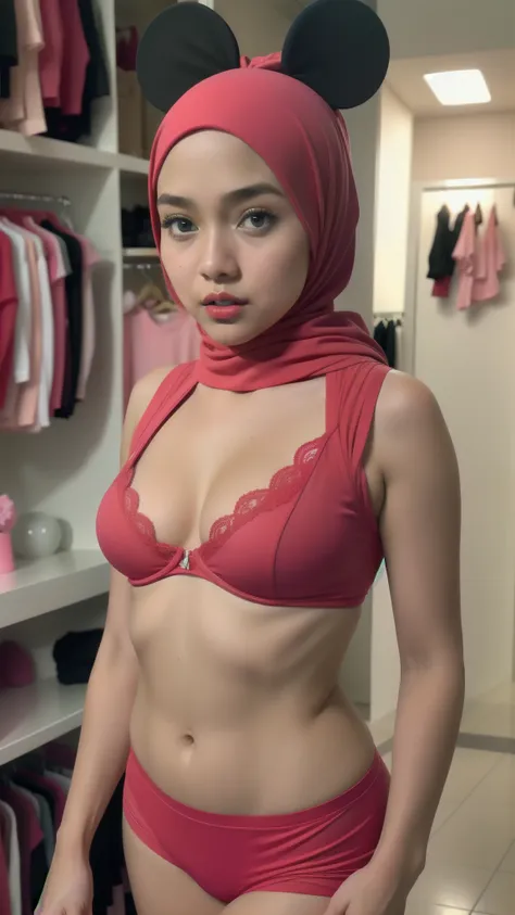 (minnie mouse), (red pastel panty), naked, angry pose, angry face, (((hijab malay girl))), masutepiece, high quality, uhd 45k, r...