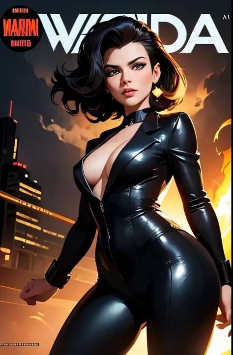 stunningly handsome man, cocky smile, a digital painting of a dashing spy in a black suit, masculine haircut, retro pulp noir comic cover, sexy man with dark brown hair, in the art style of Artgerm, mafia, marvel comic book characters, award-winning artwor...