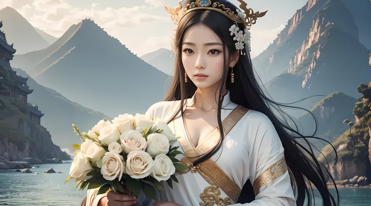 Rough image of a woman in a white dress holding flowers, Kannon, Kannon of the southern seas, ancient chinese goddess, Satisfied female bodhisattva, empress of china, ancient chinese princess, goddess of love and peace, beautiful fantasy empress, princess ...