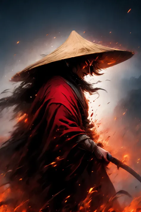 chinese vampire with a bamboo hat, blood bending, blood powers, one golden eye, best quality, ultra high resolution, (realism: 1...