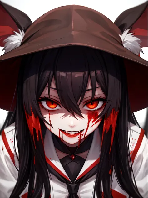 ((yandere, yandere simulator, blood on the face, scary)), (long hair, red eyes, bright eyes, evil face, evil smile,  uniform, NSFW), dark, light coming from below, shadowed face