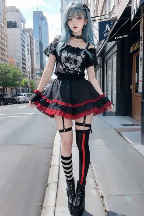 freckles, blue hair, grey eyes, freckles, 1girl,   missmatch, red and black skirt, thighhigh and kneehigh, short sleeves, frills...