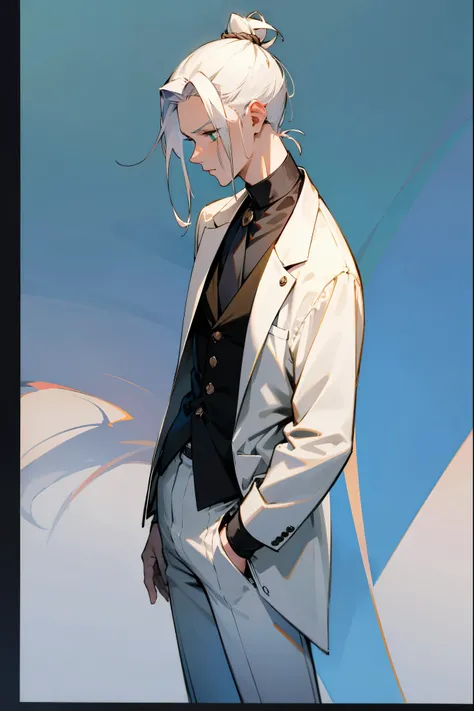 1male, man bun, white hair, suit, baggy pantsuit, guild hall background, detailed background, standing on path, green eyes