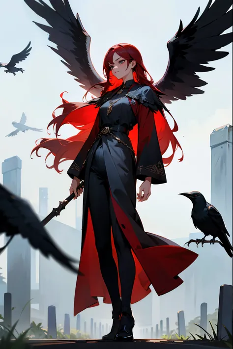 1female, red hair, long hair, crows, crow on shoulder, cemetery, crow background, detailed background, tattoos, standing on path