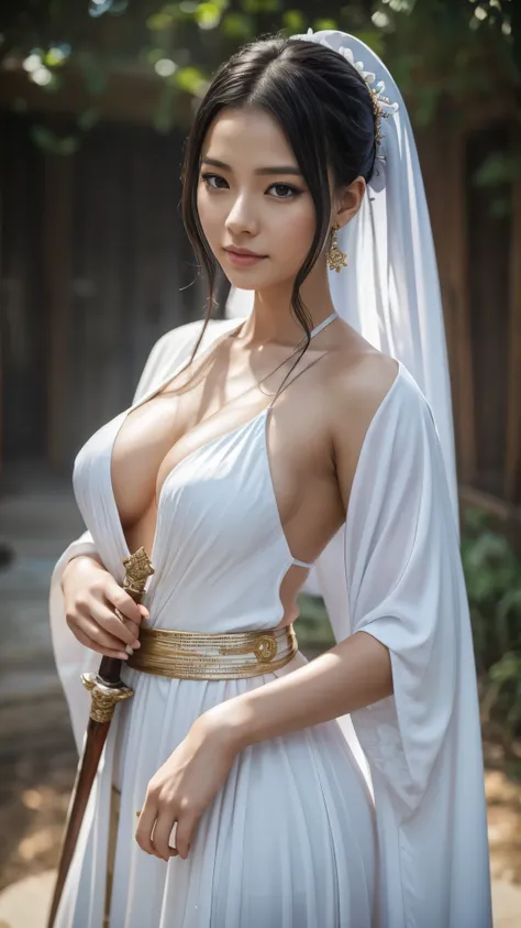 a close up of a woman with a sword in a white dress, a character portrait by yang j, trending on cgsociety, fantasy art, beautif...