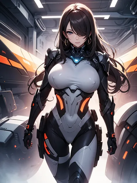 Milf, woman in a futuristic suit, highly detailed face, cool, hair over one eye, tomboy, mom, (very large breast), (Milf), mature face, (mature female), stealth suit, gynoid body, cybersuit, anime girl wearing tight suit, gloves, boots, earrings, standing,...