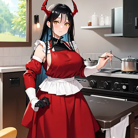 FriedrichA woman, with black hair, red horns, yellow eyes, wearing a maid costume in a kitchen
