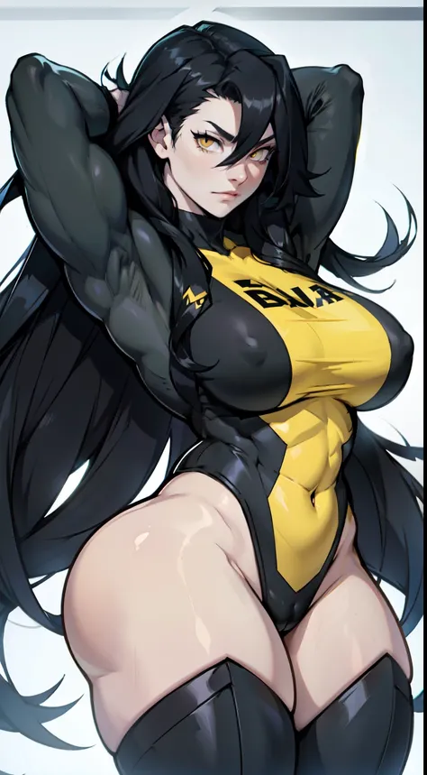 black hair yellow eyes pale skin long hair hair between eyes voluminous hair muscular girl thick thick thick breasts