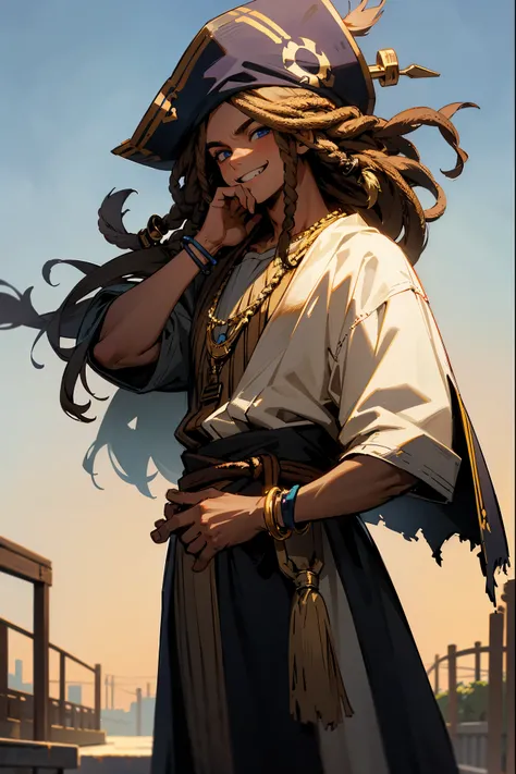 1male, dark skin, pirate dread, shaggy hair, dreads, blue eyes, gold accessories, old city background, detailed background, standing on path, laughing, happy expression