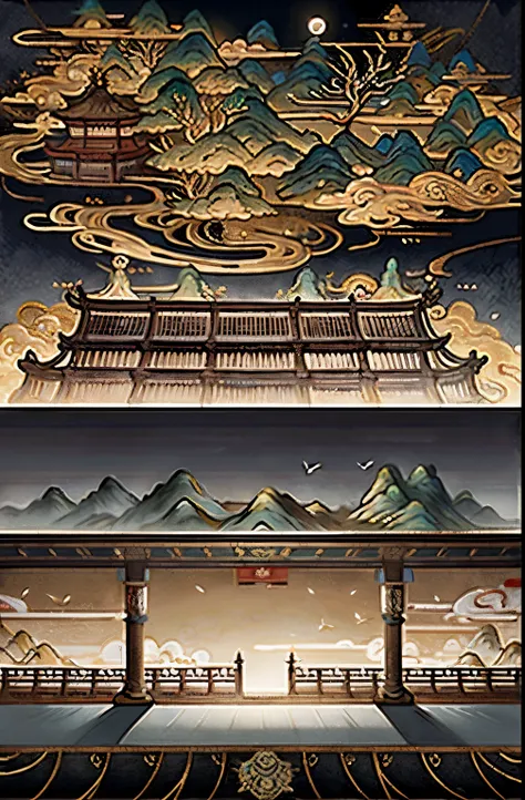 an ancient chinese painting, ancient chinese background, mountains, river, An auspicious cloud of a viaduct from near to far, exhibition hall, Sunlight, masterpiece, Ultra-detailed, epic work, ultra high definition, high quality, Very detailed, official ar...