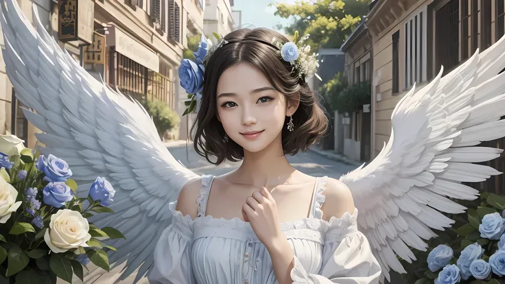 (angel wings、😇、laughter、😌🥰archaic smile).hyper real、Super realistic、Human body depiction without distortion、Man Lisa、Woman in arms、near and far law、three dimensional modern painting、modern、world masterpiece、collection、Homage to the art or works of art of P...