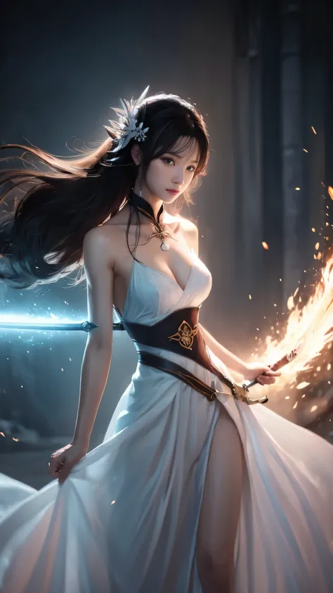 a close up of a woman with a sword in a white dress, a character portrait by Yang J, trending on cgsociety, fantasy art, beautiful character painting, artwork in the style of guweiz, guweiz, white hanfu, flowing white robes, full body wuxia, epic exquisite...