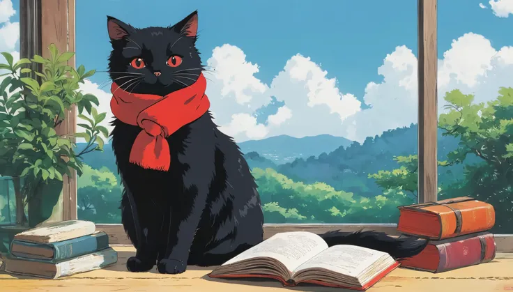 ghibli style　red muffler　Black cat　cute　anime　picture book　