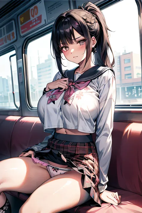 highest quality、High resolution、detailed background、beautiful and detailed face、beautiful and smooth skin、skin texture、
sit on the train、((She flips up her skirt to show her panties:1.5))、Beautiful teenage girl、(huge breasts:1.3)、(two beautiful girls:1.5)、...