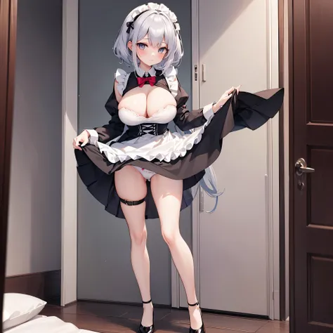 (1 solo skinny childish maid standing in dark bedroom), (large breasts), narrow waist, skinny long legs, highheels, frilled maid dress, (lift own skirt higher than her chest:1.5), (show off panty), (show off cameltoe)