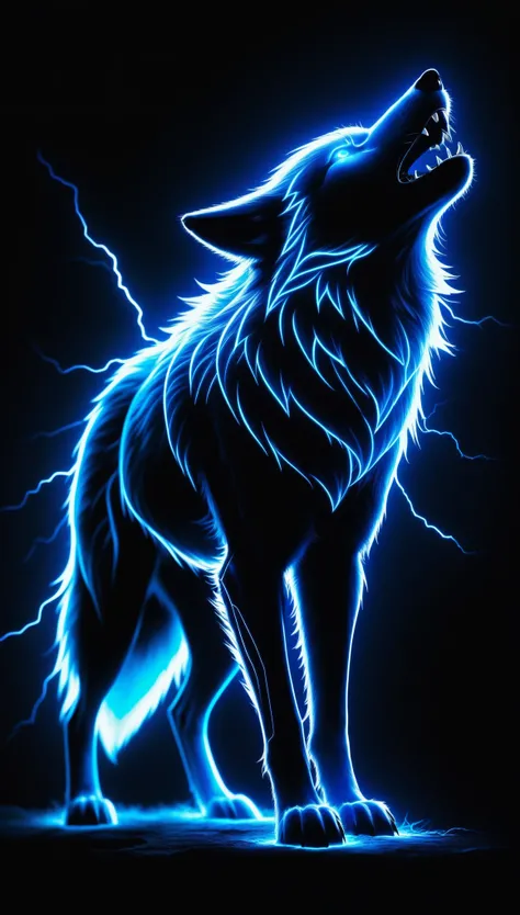 On a dark background, blue electric charges form a stylized silhouette of a electric wolf, bioluminescence