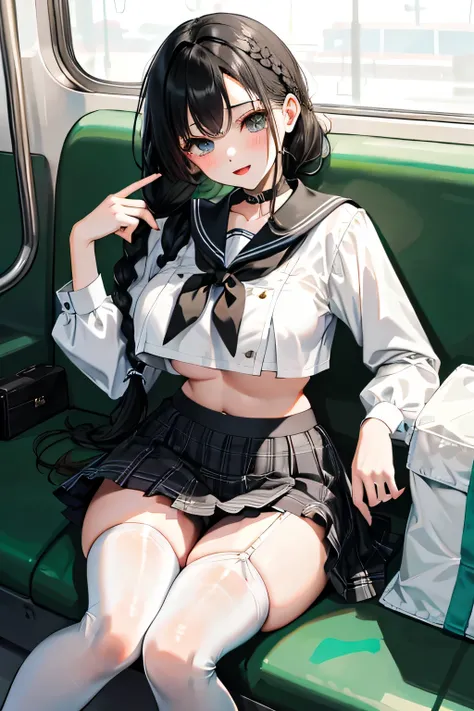 highest quality、High resolution、detailed background、beautiful and detailed face、beautiful and smooth skin、skin texture、
sit on the train、Beautiful teenage girl、(huge breasts:1.2)、two beautiful girls、black hair braided ponytail、
cute色のセーラー服、white sailor col...