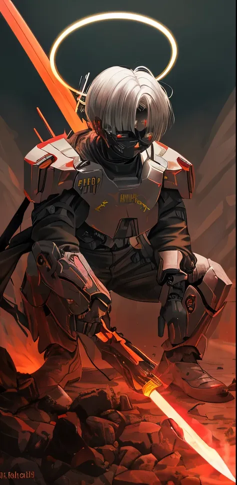 Midevil cyborg, halo on thier head, holding a fire sword, crying mask on.