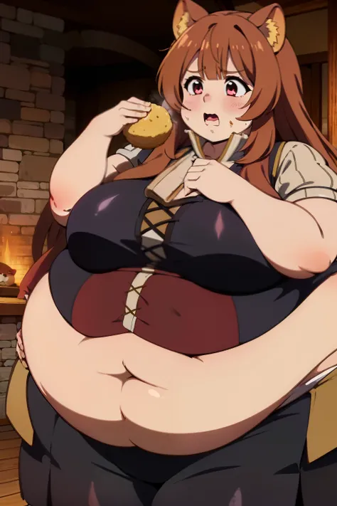 Raphtalia fat, force feed, obese, fat, fatter, round, rotund, cursed, food in the hands, grab belly, overeating, stuffed raccoon, burp, burping, scared, red suit, massive fat, huge fat, glutton, gluttony, gluttonous, voracious, force feeding, fliying food