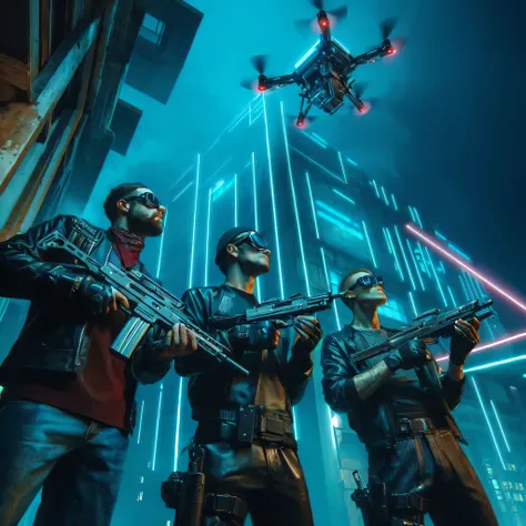 three men in leather jackets holding guns and looking up at a building, riot in a cyberpunk city, 🕹️ 😎 🔫 🤖 🚬, police drones, fps game, fps shooter game, in cyberpunk style, cyberpunk noir, futuristic cyberpunk scenario, cyberpunk based, has cyberpunk style...