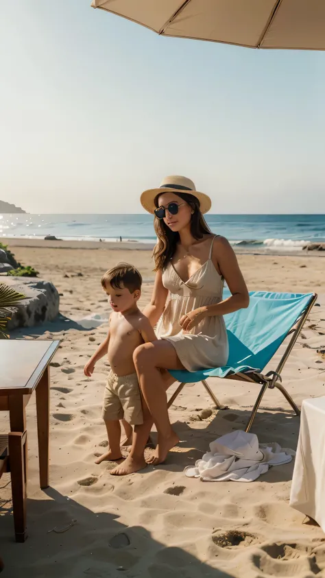 (Best quality, ultra detailed, Golden ratio, Masterpiece:1.2), Theater lighting:0.7, Holidays in Albania. shown in photo: sea, Coast, family of three on the beach (Man, woman and little boy), little boy playing with a ball, woman in beach hat and sunglasse...