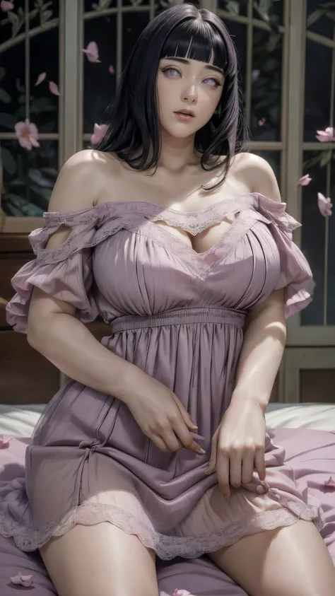 masterpiece, absurdres, hinata hyuga, 1girl, solo,mature female, off shoulder lace mini dress, looking at viewer, (falling petals), perfect composition, detailed lips, big breast, beautiful face, body propotion, blush, (pink lips), long hair, purple eyes, ...