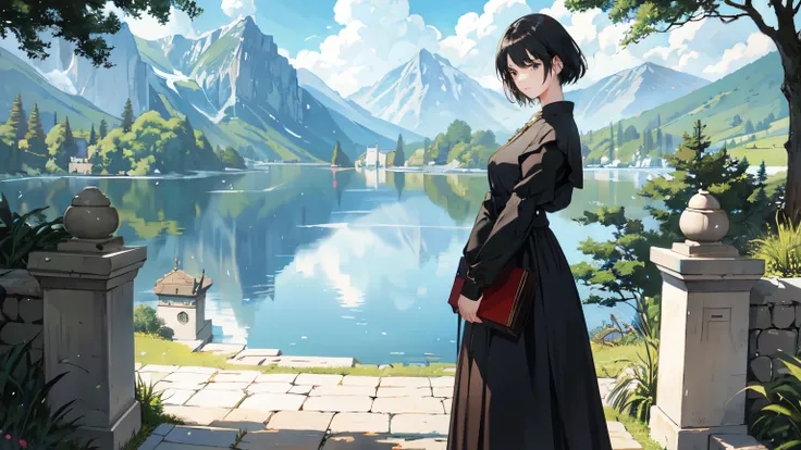 (highest quality、masterpiece)、realistic、1 girl、16 years old、wonderful、Detailed facial depiction、short black hair、black eye、small breasts、uniform、one piece、blouse、long skirt、 Beautiful woman with slim figure、layered haircut、outdoors、wonderful景色、Lake and mou...