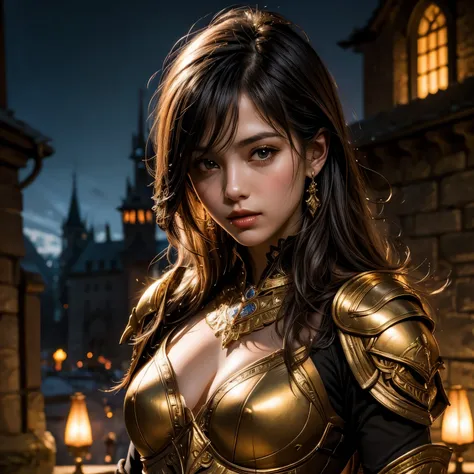 NSFW((masterpiece)), (((Best Quality))), ((Ultra-detailed)), (extremely detailed photo), ((extremely delicate and beautiful)),(Cute delicate face), (A 25 years old very dignified girl),(gold and black full armor) ,holding a glowing weapon,(Castle in the ev...