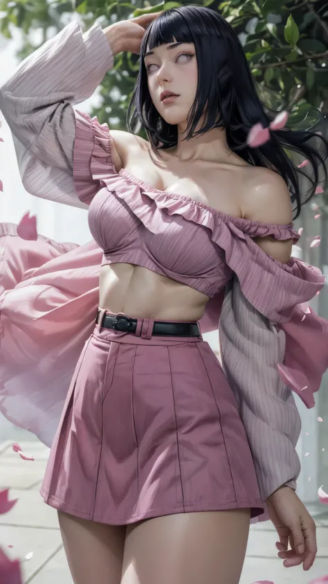 masterpiece, absurdres, hinata(boruto), 1girl, solo,mature female, off-shoulder strap bra, high waist mini skirt, looking at viewer, (falling petals), perfect composition, detailed lips, big breast, beautiful face, body propotion, blush, (pink lips), long ...