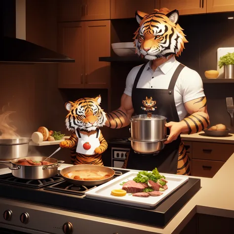 Anthropomorphic little tiger wearing apron, standing in kitchen over the stove cooking a steak. Ultra detailed, anime, high quality, illustration, chibi, cute, Eevee, zbrush, pen, ink, marker, crayon, 64k, fantasy art, Alchemical hallucination art masterpi...