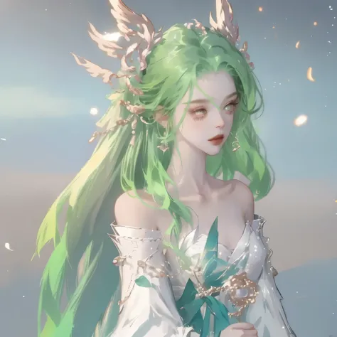 With pink flowers on the head，no loose hair，All tied up neatly，Green gem fringe hair accessories hang naturally to both sides, green earrings，Hanfu, one shoulder，Arms wrapped in gauze，charming eyes，Korean makeup，Smile，Show collarbone，Lotus anthropomorphic，...