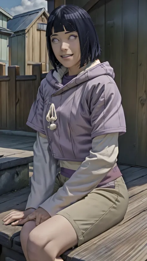 masterpiece, absurdres,hinata(boruto), 1girl,mature female,  solo,  purple hoodie,layered sleeves,  brown pants, outdoors, smile, looking at viewer,  cowboy shot,sitting, 